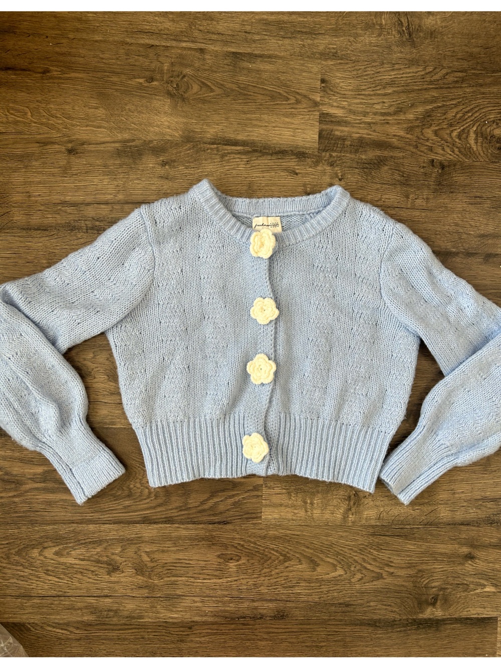Freshman Powder Blue Cropped Cable Cardigan with Cream Flower Buttons